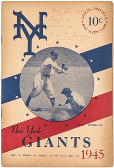 1945 New York Giants Program from 8/1/45 Game Against the Boston Red Sox - Game Mel Ott Hit 500th Home Run 